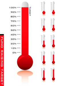 Medical thermometer showing the progress of charity donations with red fluid indicator