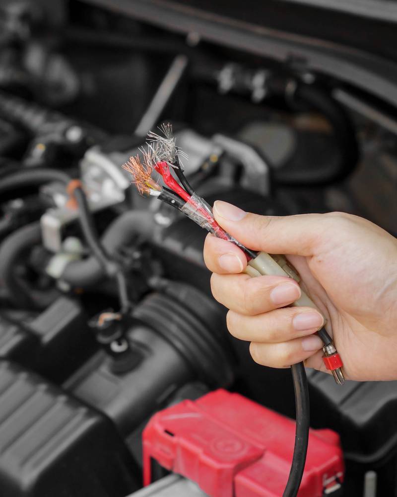 Person holding rodent-chewed wires to electric car